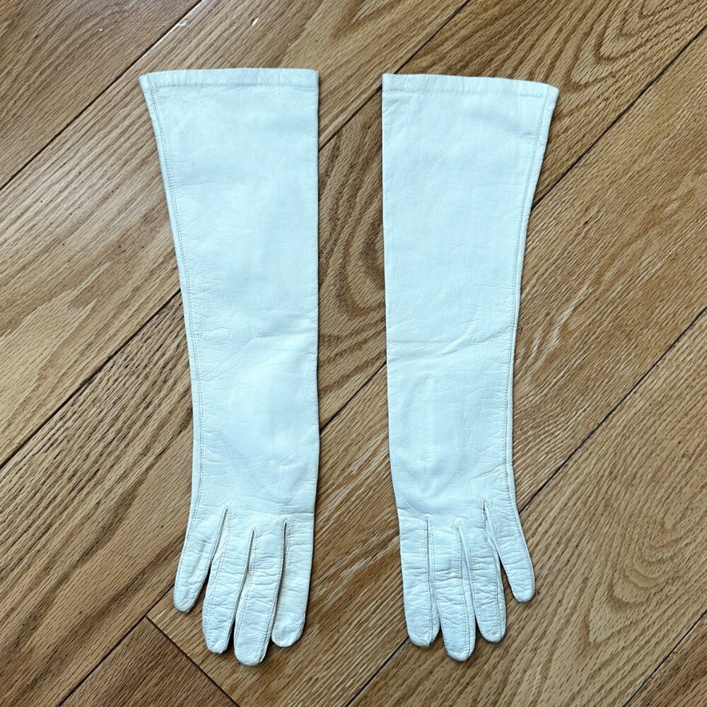 White soft glove leather, elbow-length gloves